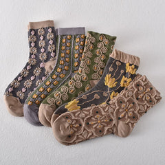 5 Pairs Women's Purple Vintage Floral Cotton Socks