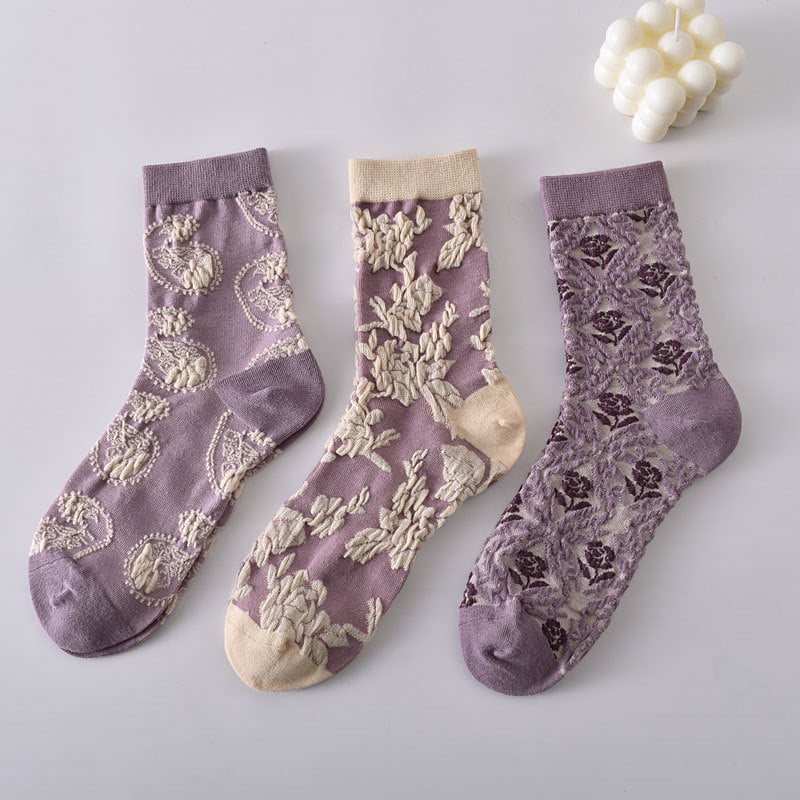 5 Pairs Women's Purple Vintage Floral Cotton Socks