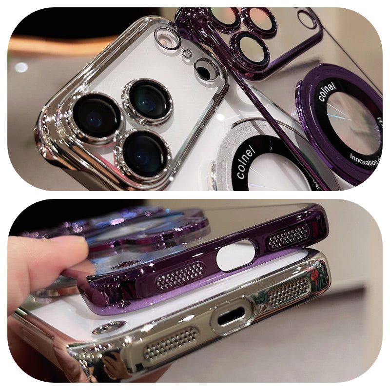 Ultra-Slim Frameless Magnetic Stand Case with Glass Lens Protector for Apple iPhone 17 / 16 / 15 Series