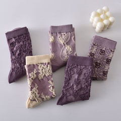 5 Pairs Women's Purple Vintage Floral Cotton Socks