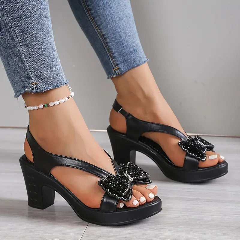 Women's Rhinestone Bow Heel Sandals