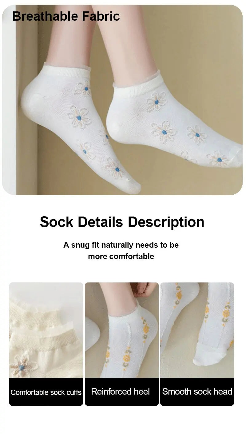 White Floral Socks - 5 Pairs
