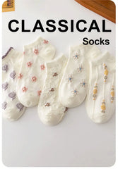 White Floral Socks - 5 Pairs