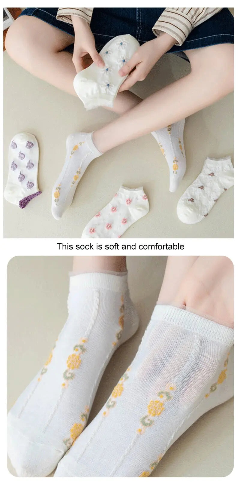 White Floral Socks - 5 Pairs