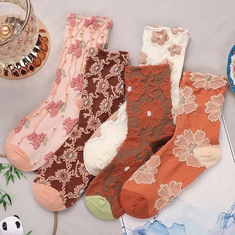 5 Pairs Women's Purple Vintage Floral Cotton Socks