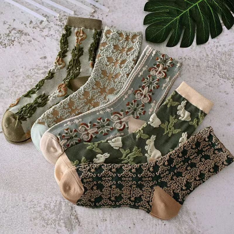 5 Pairs Women's Purple Vintage Floral Cotton Socks